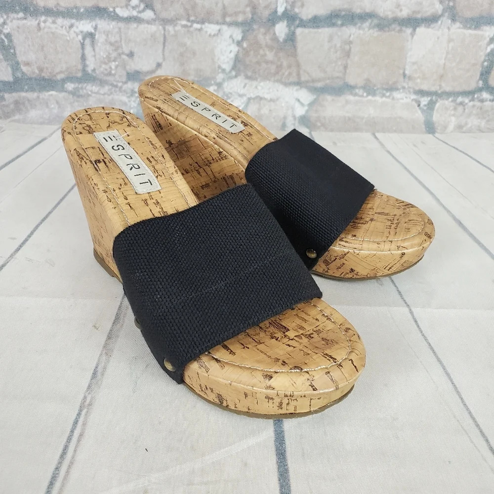 Esprit Platform Wedge Slides Cork Sole Size 38/39 Black Stretch Band